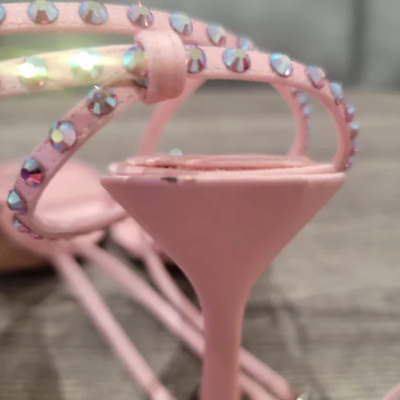 Piferi Satin Vegan Leather Ankle Wrap Stylish Pink Rhinestone Heels Size 37 Or 7 - Picture 8 of 14